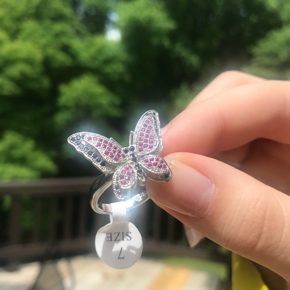 🆕 925 Silver Butterfly Pink Sapphire Ring